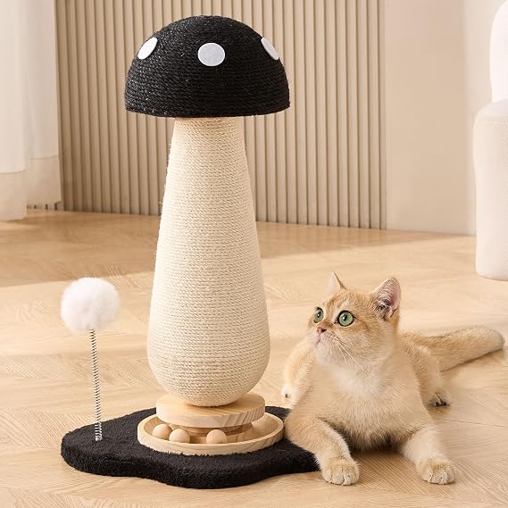 Mushroom Cat Scratching Post Cat Tree, 21.5 H Cute Cat Scratcher Tower with Durable Solid Wood Turntable Toy, Solid Black Mushroom Scratch Post Cat Sisal Scratcher with Catnip for Indoor Cats