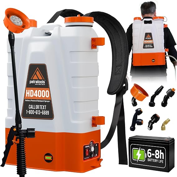 PetraTools HD4000 Battery Powered Backpack Sprayer, 6 Hr Runtime, 6 Nozzles | Electric Sprayer for Lawn & Garden w/ Battery Meter, Adjustable 90 PSI & Padded Straps - For Weed/Pest Control, Fertilizing