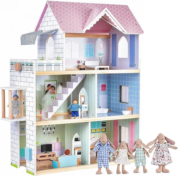 Giant bean 4 PCS Hand Made Rabbit Family Dolls, Pink Wooden Dollhouse with Furniture Set for Girls, 2.6 feet High with Elevator,Doorbell, Light,19 PCS Furnitures and 3 Dolls
