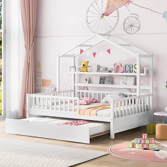 Harper & Bright Designs Wooden Full Size House Bed with Twin Size Trundle,Kids Bed with Shelf, White(Full, White+Trundle)