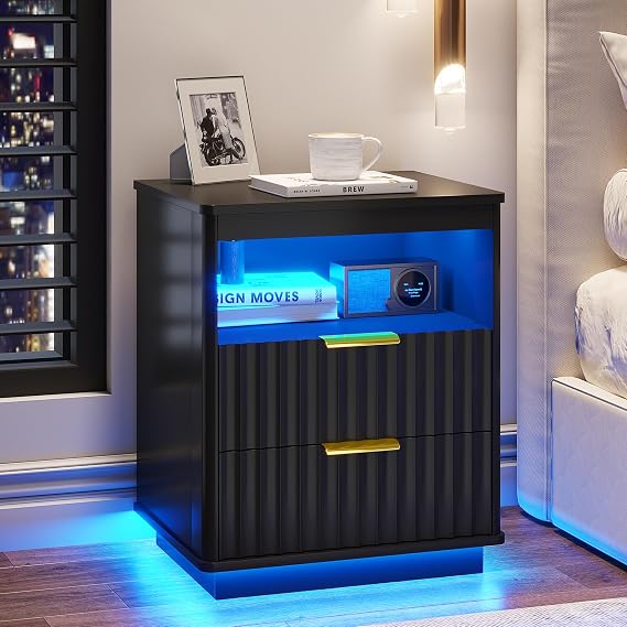 Dystler Nightstand with LED Light and Charging Station for Bedroom, Black | 2 Drawers, Open Storage Space, Smart Bedside Table, Human Sensor, Modern