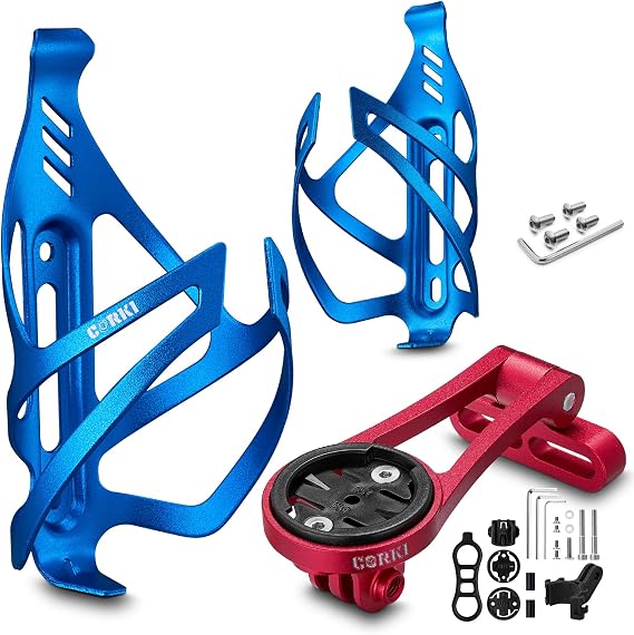 Corki Cycles Bike Water Bottle Holder Aluminum Alloy-2 Pack-Blue with Out Front Extended Computer Mount Compatible with GM Wahoo Bryton Cateye