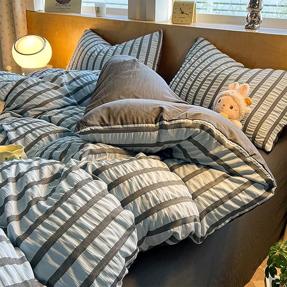 Plaid Washed Cotton Duvet Cover Set, Soft Seersucker Bedding Set 4 Pcs, Breathable Bedding Comforter Cover with Zipper Closure, Include 1 Duvet Cover and 2 Pillow Shams,Gray 5,Queen