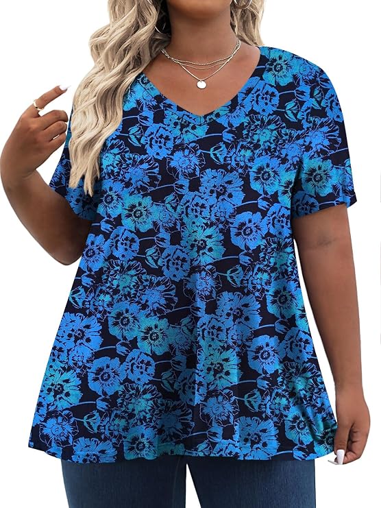 Tencede Womens Plus Size Tops Short Sleeve Tunic Shirts V Neck Summer Floral Loose Fit Blouse XL-5X