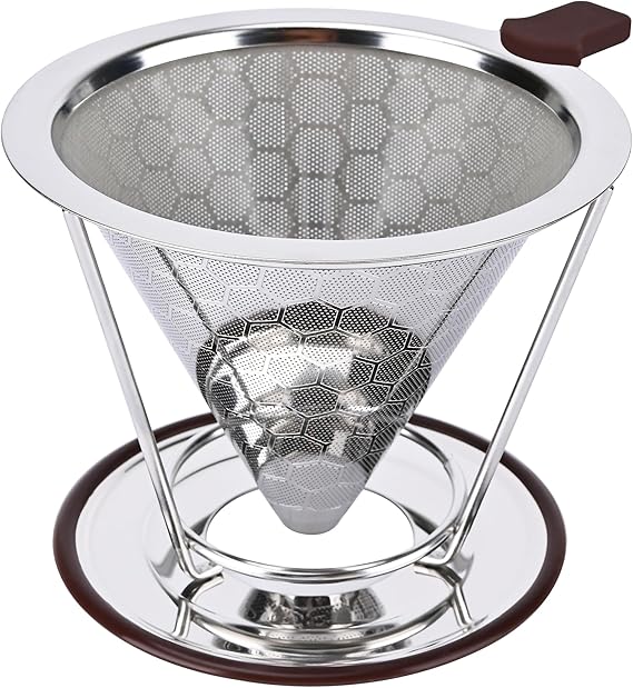 Pour Over Coffee Dripper, Reusable Stainless Steel Coffee Filter with 800-Mesh Double-Layer Cone, Paperless Single Cup Coffee Maker for Mugs, Travel and Camping