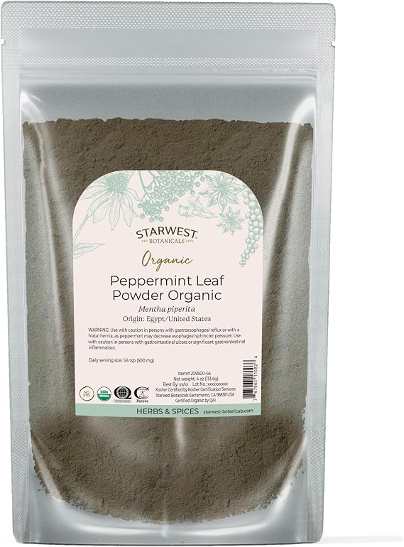 Starwest Botanicals Organic Peppermint Leaf Powder - Dried Herb for Tea, Herbal Blends, Baking, Cooking, Caffeine Free, Sourced from Egypt & USA, Certified Kosher, Non-GMO - 4 oz Pouch