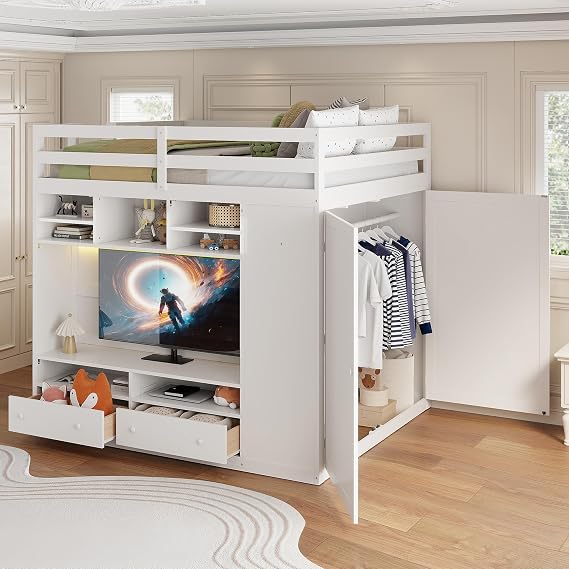 VilroCaz Full Size Loft Bed with Drawers and Shelves, Multi-Functional Solid Wood Loft Bed Frame with Wardrobe and Light for Kids Teens Adults, Maximize Space (White-7.8)