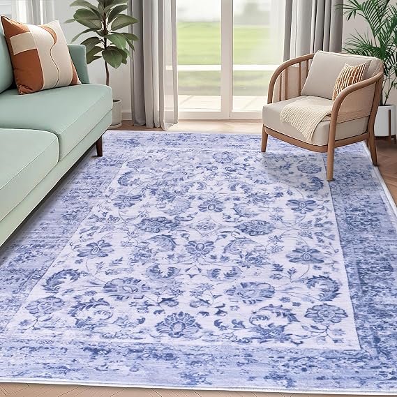 Boho Area Rug 5' x 7' Washable Vintage Rug with Non Slip Backing Soft Low-Pile Carpet Foldable Mat for Living Room Bedroom Dining Office, Blue