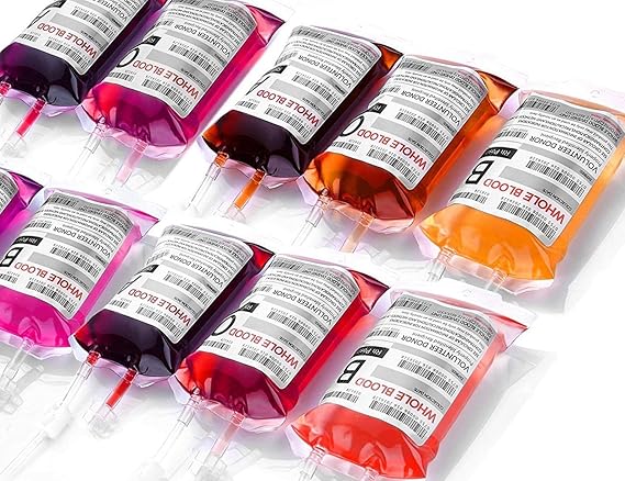 WYNK 10 Pack Halloween Blood Bags for Drinks, Vampire Nurse Props | Syringe-fill IV pouches, each with blood type label & leak-proof seal clip. Zombie & masquerade favors for Halloween.
