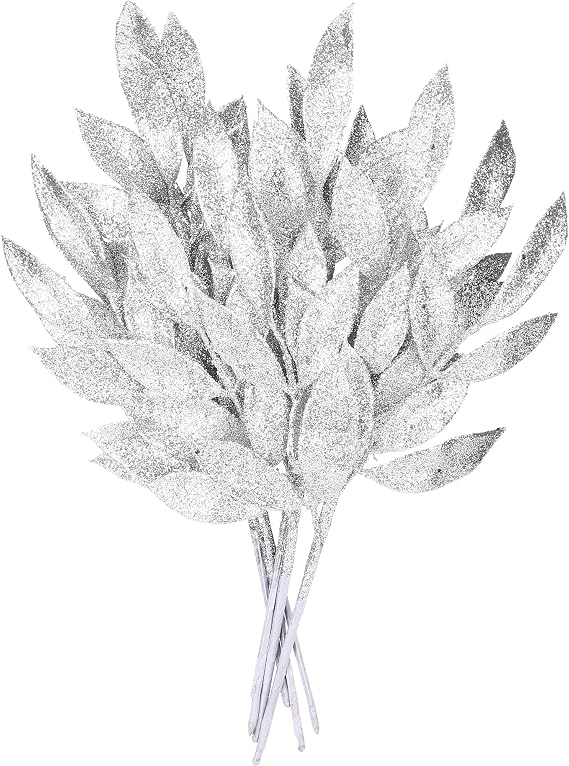 Sea Team 6-Pack Artificial Glitter Bay Leaf Sprays, Silver