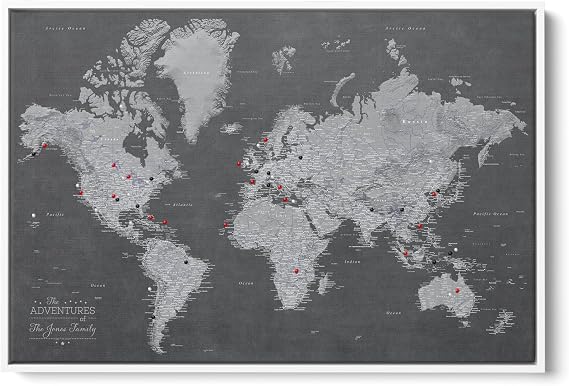 Push Pin Travel Maps Grey World Canvas Personalized Pinnable Map of the World, Wall Art White Float Frame 30 x 45
