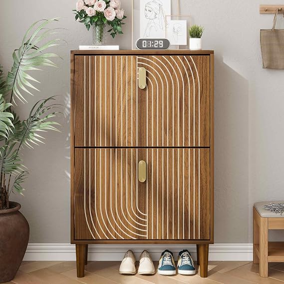 Shoe Cabinet Storage for Entryway, Narrow Slim Shoe Storage Cabinet with 2 Flip Drawers, Freestanding Shoe Rack Organizer Cabinet with Line Groove Design for Hallway, Brown