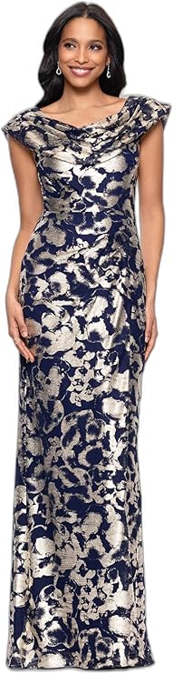 Betsy & Adam Women's Floor-Length, Cap Sleeve, Metallic Brocade, with Draped Neckline, Navy/Gold, 16