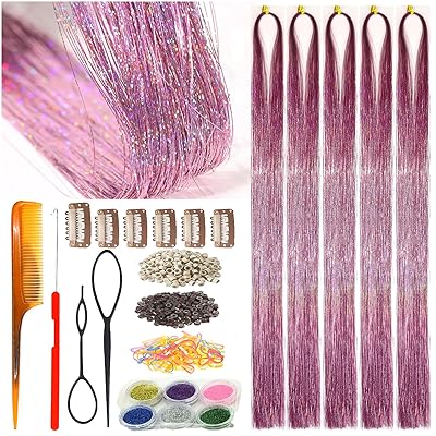 Pink Hair Tinsel,Fairy Hair Extensions Kit,Sparkling Shiny Highlights Glitter,1250 Strands,48 Inches,Light Pink Tinsel Hair Extensions for Women for Cosplay Party Wedding