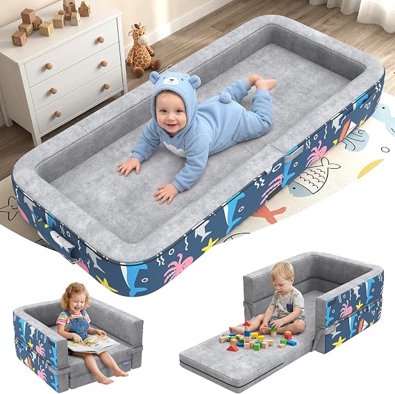 Toddler Travel Bed, 3-in-1 Portable Toddler Floor Bed for Kid, Foldable Kid Floor Beds for Travel/Home, Convertible Sofa to Lounger for Kids with 35D High-Density Foam & Washable Cover, Ocean Grey | Foldable Kid Floor Beds for Travel/Home, Convertible Sofa to Lounger for Kids with 35D High-Density Foam & Washable Cover