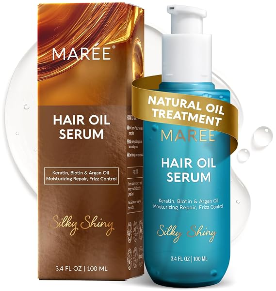 MAREE Hair Oil for Frizzy Hair with Argan Oil, Keratin & Biotin Hair Serum for Dry and Curly Hair Gloss Frizz Control Hair Care Products for Women Aceite Para el Cabello Keratin Hair Treatment