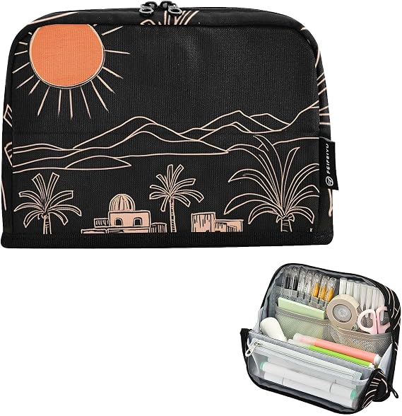 Pencil Case Large Capacity Pen Pouch Wide-opening Stationery Bags for Kids Adults School Office-Line Drawing Island Print