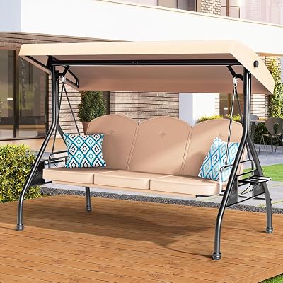 3 Seat Outdoor Porch Patio Swing with Stand 800lbs 2-in-1 Convertible Swing Bed with Adjustable Canopy & Removable Cushion for Yard Garden Deck Khaki, Round Tube
