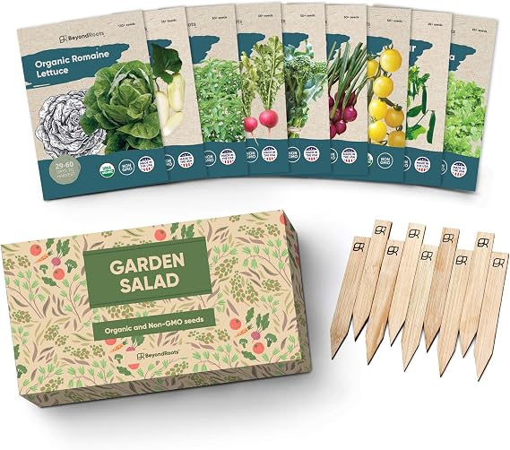 Certified Organic Vegetable Seeds - 9 Heirloom Seeds for Planting Vegetables - Seed Packets & Gift Box - Cherry Tomato, Romaine Lettuce, Broccoli, Cucumber, Radish, Sugar Snap Pea, Arugula, Basil