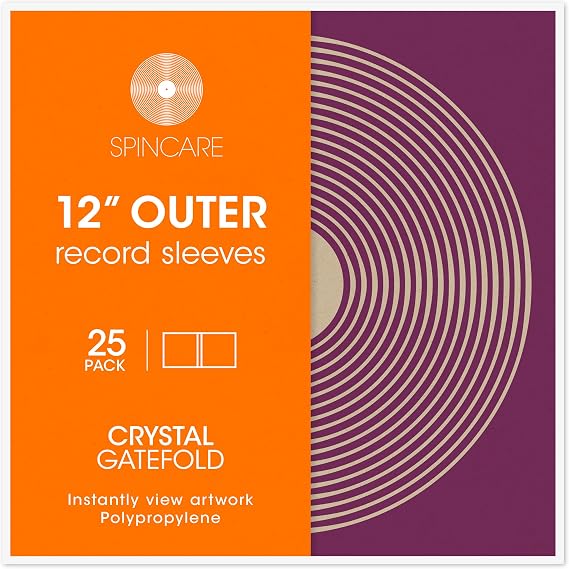 SPINCARE 25x 12 Inch Crystal Gatefold Outer Vinyl Record Sleeves | Crystal Clear Covers Fit Single &amp; Double Gatefold Albums | Acid-Free Protective Plastic Sleeves | Clean &amp; Crisp Polypropylene