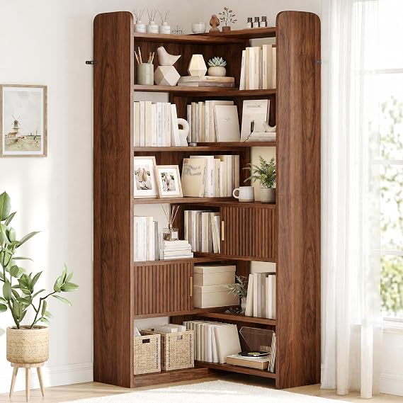 DurayLoly 75.1" Corner Bookshelf with 7 Tiers, 2 Storage Cabinets, Brown | Home Organizers, Wood, Holds 100 Lbs/Shelf, Magnetic & Fluted Doors, Living Room & Bedroom