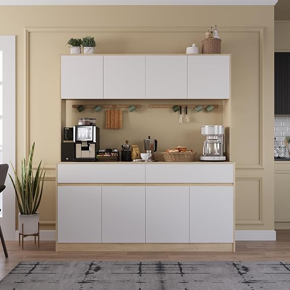 Mekminop Kitchen Hutch Storage Cabinet, 63" W Large Pantry Cabinets with Microwave Oven Countertop, Freestanding Kitchen Pantry Storage Cabinet with 4 Doors, 2 Drawers and 7 Shelves, White + Walnut