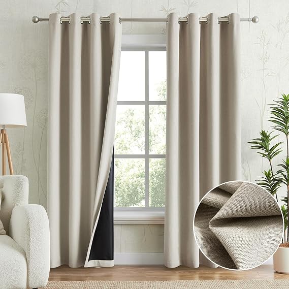 Anpark Natural Beige 100% Blackout Curtains for Bedroom, Thermal Insulated Linen Look Grommet Window Curtain Drapes with Black Layer for Living Room, 52 x 63 Inch Length, 2 Panels