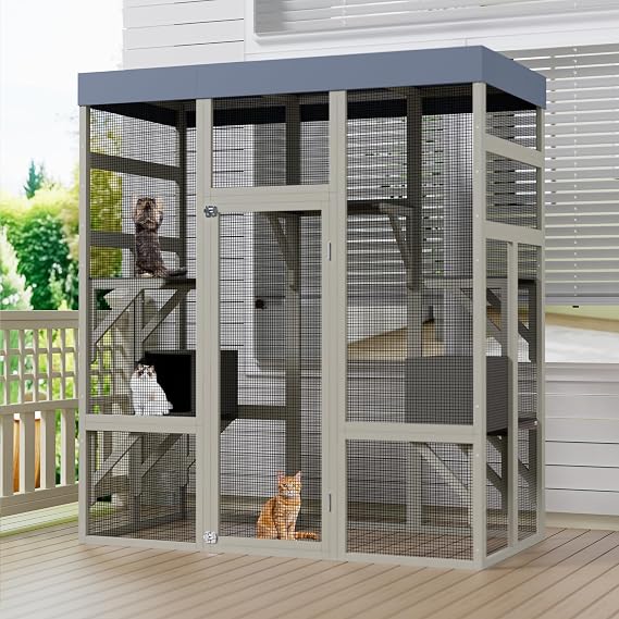 62.6" Catio Outdoor Cat Enclosure, Large Wooden Outdoor Cat Enclosures with Waterproof Cover, 2 Napping House, Platforms & Galvanized Metal Wire, Cattery for Cats Outside, Grey