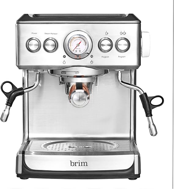 Brim 19 Bar Espresso Machine Fast Heating Cappuccino Americano Latte Espresso Maker Milk Steamer Whisk Removable Parts for Easy Care Stainless Steel with Wood Accents