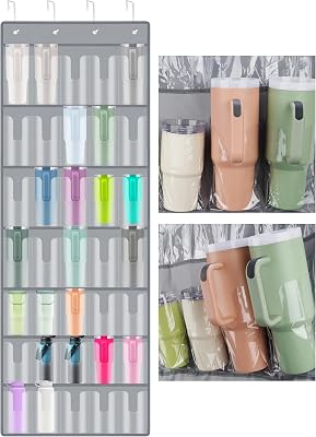 NiHome 35 Pockets Door Hanging Organizer for Large Stanley 30oz 40oz Tumblers with Handles, Deep Clear Pockets with Handle Slots, Waterproof Oxford Fabric for Kitchen, Cabinet, Pantry, Closet Gray