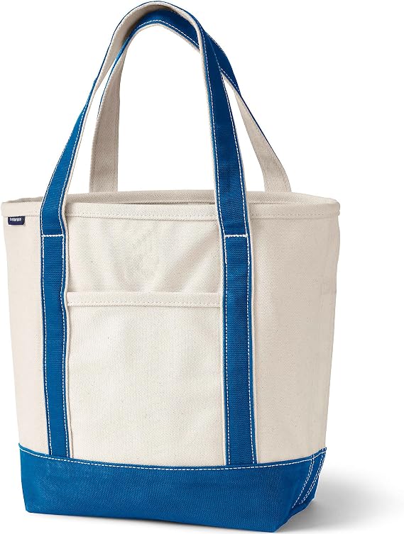 Lands' End Open Top Canvas Tote Bag Medium Regular Handle Natural/Beacon Blue