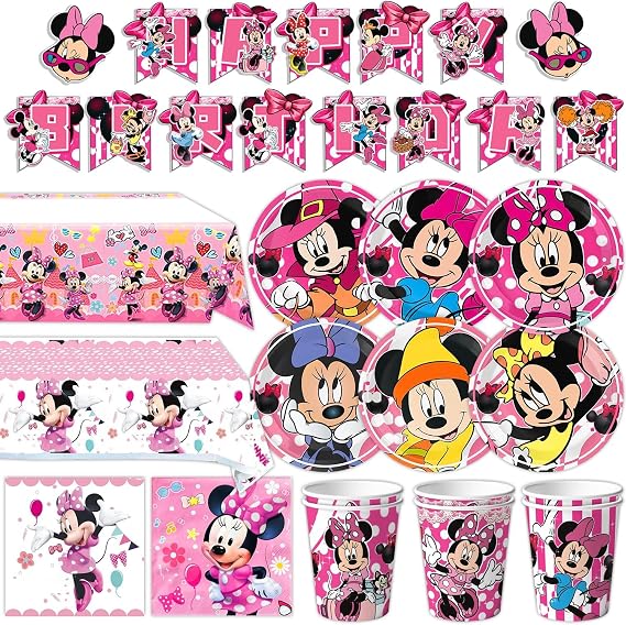 Minnie Birthday Party Supplies,93 pcs Party Decorations include 6 Different Style Paper Plates,2 Large Tablecloth,Happy Birthday Banner,Napkins and Cups for Boys Girls Decor, Serve 15+ Guest