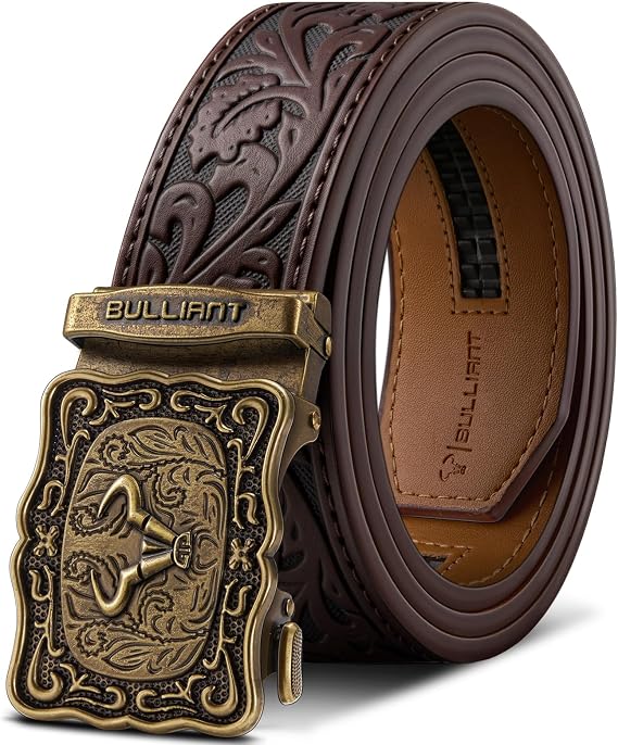 BULLIANT Men Ratchet Westerm Trimmable Belt 1.5"-Adjust Fit-Gift Boxed | Smooth Sliding for Micro Fit - Tailored for Exact Size-Holeless for Golf Jeans or Casual