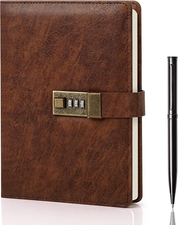 WEMATE Diary with Lock, A5 Journal with Lock 240 Pages, Lock Journal with Pen & Gift Box, Lock Diary for Men and Women, 8.6x5.8in Brown
