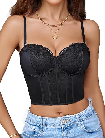 Avidlove Bustier Tops for Women V Neck Lace Bralettes with Underwired Sexy Corset Concert Crop Top
