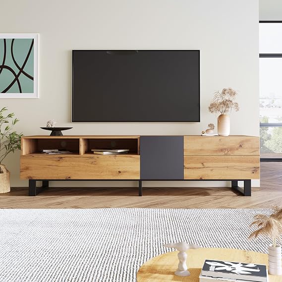 Merax Modern TV Entertainment Center with 3 Cabinets & Open Shelves, Wood TV Stand for TVs Up to 80 for Living Room Bedroom (Wood Color)