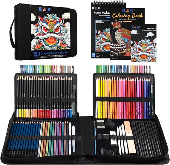 H & B 150PCS Drawing Pencils Set with Portable Zipper Bag Professional Sketching & Art Supplies Kit with Sketchpad and Colored Pencils for Adults & Artists