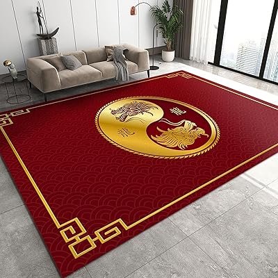 Chinese Golden Dragon Area Rug, Chinese Style Traditional Red Non Slip Large Area Rugs, Stain Resistant Durable Carpet for Indoor Living Room Bedroom Office Decor Mat - 2 ft x 4 ft
