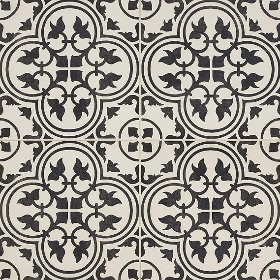 12x12 Flora Black White Encaustic Ceramic Tile (10 Piece 10SF Pack)