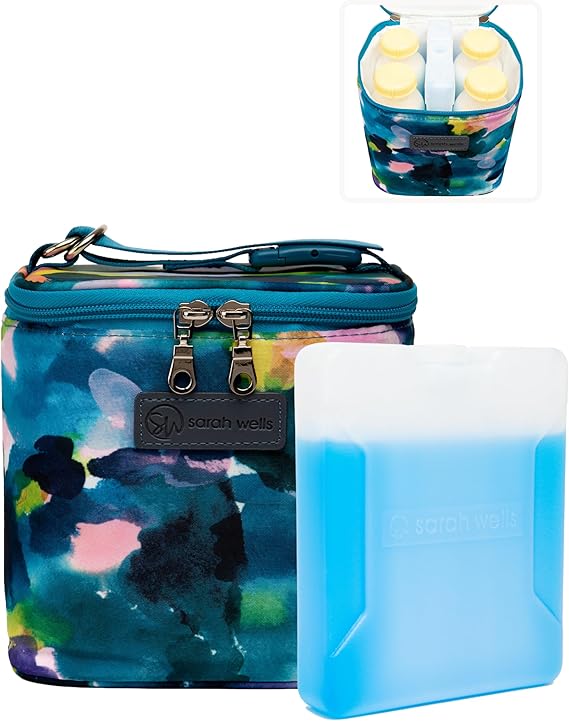Sarah Wells Cold Gold Breastmilk Cooler with Ice Pack (Aq2uarelle) | Fully-Lined Insulated Interior, Fits 4-6 Bottles, Zippered Lid, Great for Workdays, Travel & Pumping Days, Machine Washable