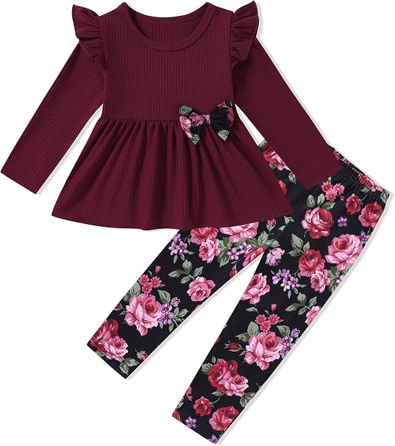 SANMIO Toddler Girl Clothes Long Sleeves Ruffle Top Floral Pants 2 Piece | Cute Fall Winter 2 Piece Outfits Casual Kids Clothing Set 12 Months-6 Years