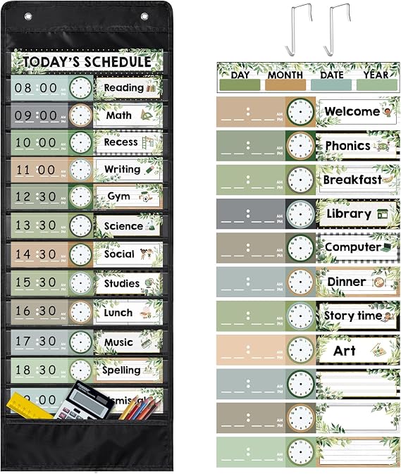 Daily Schedule Pocket Chart for Classroom, 13+1 Pockets with 42 Designed Schedule Cards, Farmhouse Greenery Classroom Kids Daily Schedule Pocket Chart for Home Back to School Classroom Decorations