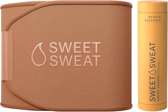 Sports Research Waist Trimmer Pack - Sweet Sweat Toned Waist Trimmer (Sand/Large) & Tropical Workout Enhancer Roll-On Gel