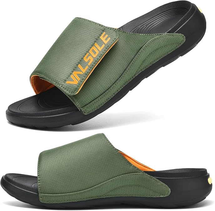 VALSOLE Orthopedic Sandals for Men, Arch Support Slides for Plantar Fasciitis & Flat Feet, Adjustable Buckle Slide Sandals, Comfortable Cushioned Slip-On Slippers for Indoor Outdoor, Army Green