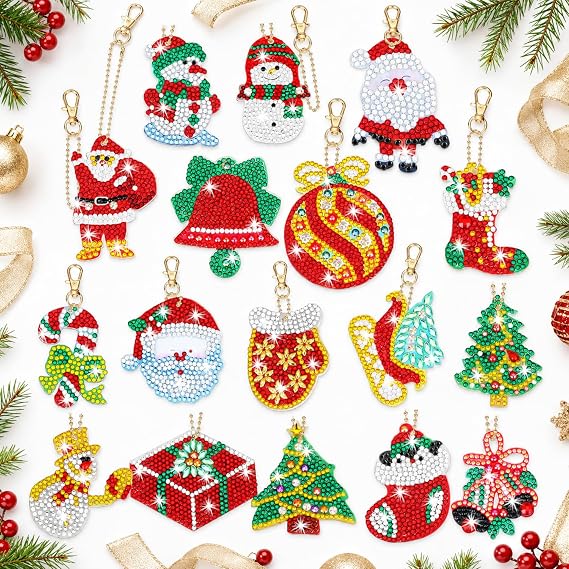 Yaomiao 17 Pcs Double Sided Diamond Art Christmas Ornaments Keychains 5d | Snowman Christmas Diamond Art Keychains Kit for Adult DIY 5d Painting Round Drill Xmas Crystal Rhinestone Arts Craft Supplies