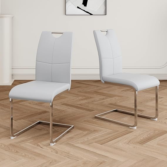 ZeHuoGe Set of 2 Modern Dining Chairs with Faux Leather Seat, Living Room Chairs Upholstered Chair with Metal Legs Design for Kitchen, Living,Dining Room Side Chairs (Grey+Silver)