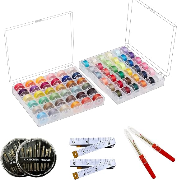 HimaPro 72 PCs Assorted Color Bobbins with Storage case Compatible for Brother, Babylock, Janome and Singer etc (SA156)- 40 Weight-  with Soft Tape Measures, Assorted Needles, and Seam Rippers