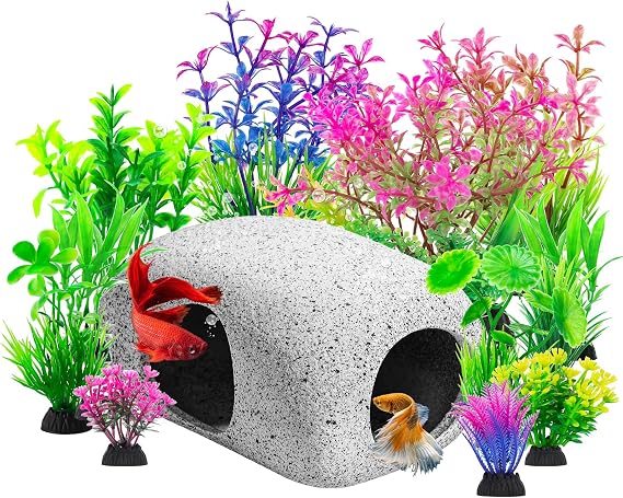 CousDUoBe 13Pcs Aquarium Hideaway Rock Cave Fish Tank Decorations quarium,Betta Toys Hideout Stones House,Safe and Non-Toxic Ceramic Fish Tank Ornaments(Style B)