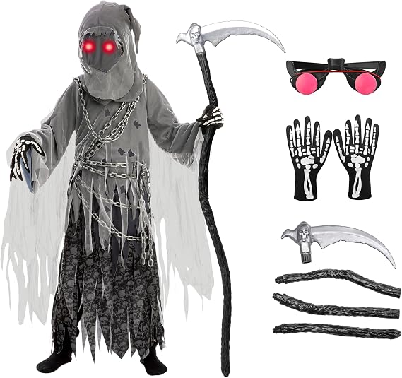 Spooktacular Creations Child Unisex Grim Reaper Costume, Halloween Costume with Glowing Red Eyes for Kids Trick-or-Treating