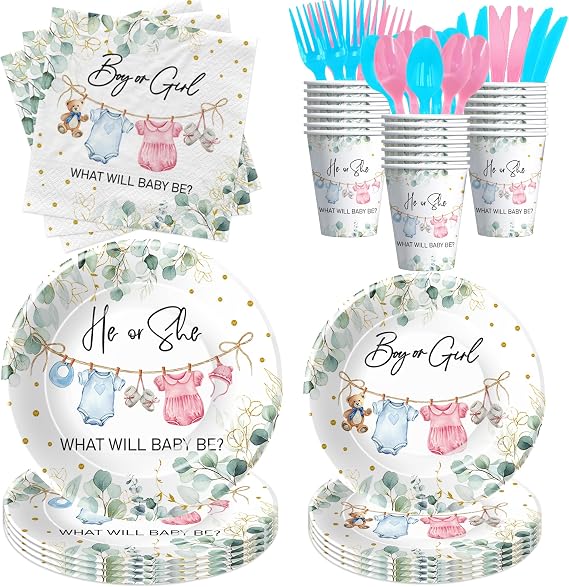 APOWBLS Gender Reveal Decorations, Greenery Baby Clothes Theme, Serves 24 | Boy or Girl Gender Reveal Baby Shower Party Supplies, He or She Paper Plates and Napkins Set, Cups, Disposable Cutlery